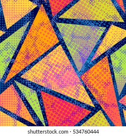 Bright colored seamless pattern in urban style. Graffiti stylized abstract wallpaper with grunge effect and geometrical ornament.