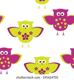 Bright colored seamless texture of the owl on white background