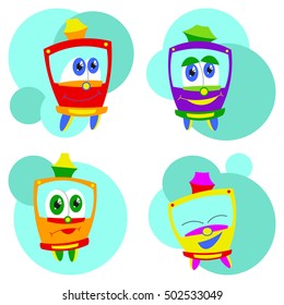 Bright colored set with funny kids trams. Vector illustration on white background. Kids style.