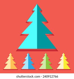 bright colored set of winter christmas tree on red background 