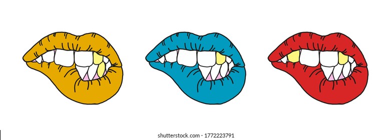 Bright colored sexy lips and teeth on an isolated white background. Beautiful Vecton set for design and print on fabric, stickers, greeting card. Kiss day, oral care and hygiene concept. Golden teeth
