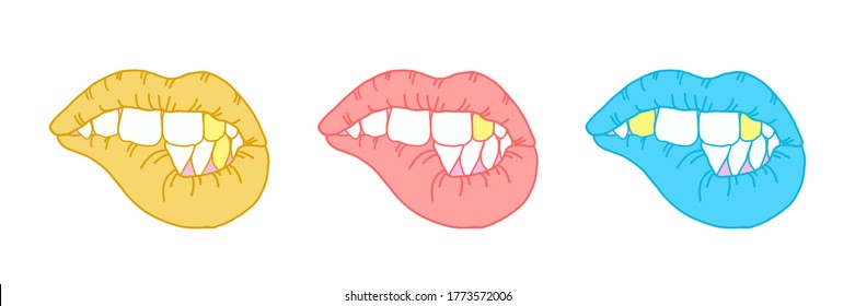 Bright colored sexy lips and teeth on an isolated white background. Beautiful Vecton set for design and print on fabric, stickers, greeting card. Kiss day, oral care and hygiene concept. Golden teeth