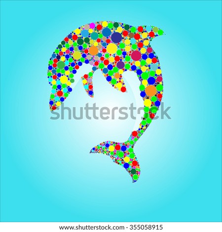 Bright colored silhouette of dolphin thick with different circles on light blue bachground.  vector illustration