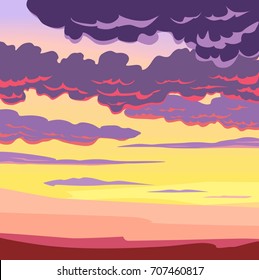 Bright colored sky and purple clouds illuminated by the setting sun. Beautiful sunset.
