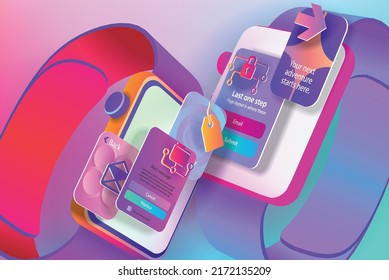 Bright colored smart watches with mobile interface elements. 3d illustration 