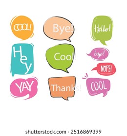 Bright colored speech bubbles with expressions. Abstract doodle speech bubbles with different phrases, text labels and empty thought clouds modern vector icons set. Bright dialogue clouds pack isolate