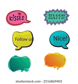 Bright colored speech bubbles with expressions. Abstract doodle speech bubbles with different phrases, text labels and empty thought clouds modern vector icons set. Bright dialogue clouds pack isolate