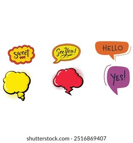 Bright colored speech bubbles with expressions. Abstract doodle speech bubbles with different phrases, text labels and empty thought clouds modern vector icons set. Bright dialogue clouds pack isolate
