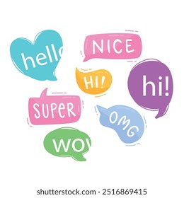 Bright colored speech bubbles with expressions. Abstract doodle speech bubbles with different phrases, text labels and empty thought clouds modern vector icons set. Bright dialogue clouds pack isolate