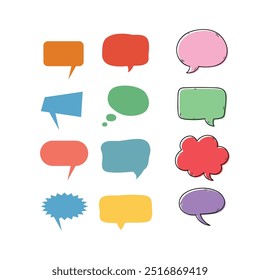 Bright colored speech bubbles with expressions. Abstract doodle speech bubbles with different phrases, text labels and empty thought clouds modern vector icons set. Bright dialogue clouds pack isolate