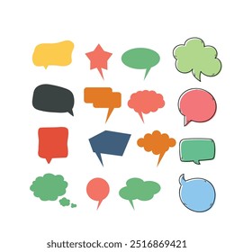 Bright colored speech bubbles with expressions. Abstract doodle speech bubbles with different phrases, text labels and empty thought clouds modern vector icons set. Bright dialogue clouds pack isolate