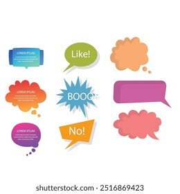 Bright colored speech bubbles with expressions. Abstract doodle speech bubbles with different phrases, text labels and empty thought clouds modern vector icons set. Bright dialogue clouds pack isolate