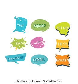 Bright colored speech bubbles with expressions. Abstract doodle speech bubbles with different phrases, text labels and empty thought clouds modern vector icons set. Bright dialogue clouds pack isolate