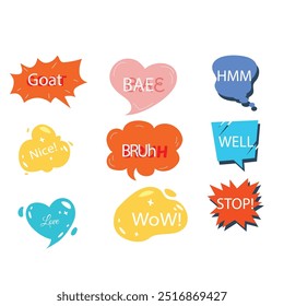 Bright colored speech bubbles with expressions. Abstract doodle speech bubbles with different phrases, text labels and empty thought clouds modern vector icons set. Bright dialogue clouds pack isolate