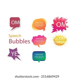 Bright colored speech bubbles with expressions. Abstract doodle speech bubbles with different phrases, text labels and empty thought clouds modern vector icons set. Bright dialogue clouds pack isolate