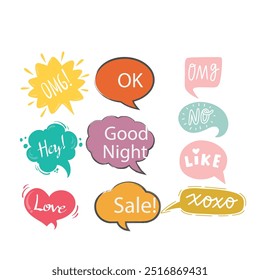 Bright colored speech bubbles with expressions. Abstract doodle speech bubbles with different phrases, text labels and empty thought clouds modern vector icons set. Bright dialogue clouds pack isolate