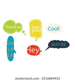 Bright colored speech bubbles with expressions. Abstract doodle speech bubbles with different phrases, text labels and empty thought clouds modern vector icons set. Bright dialogue clouds pack isolate