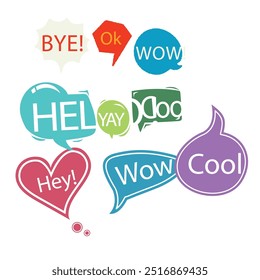 Bright colored speech bubbles with expressions. Abstract doodle speech bubbles with different phrases, text labels and empty thought clouds modern vector icons set. Bright dialogue clouds pack isolate