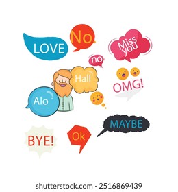 Bright colored speech bubbles with expressions. Abstract doodle speech bubbles with different phrases, text labels and empty thought clouds modern vector icons set. Bright dialogue clouds pack isolate