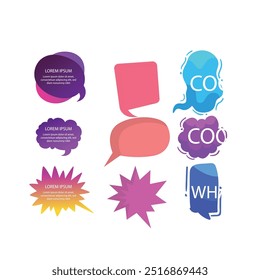 Bright colored speech bubbles with expressions. Abstract doodle speech bubbles with different phrases, text labels and empty thought clouds modern vector icons set. Bright dialogue clouds pack isolate