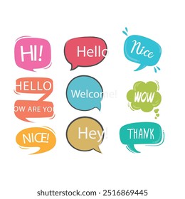 Bright colored speech bubbles with expressions. Abstract doodle speech bubbles with different phrases, text labels and empty thought clouds modern vector icons set. Bright dialogue clouds pack isolate