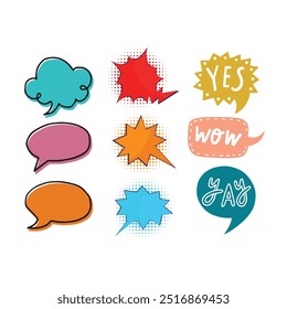 Bright colored speech bubbles with expressions. Abstract doodle speech bubbles with different phrases, text labels and empty thought clouds modern vector icons set. Bright dialogue clouds pack isolate