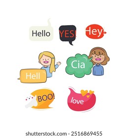 Bright colored speech bubbles with expressions. Abstract doodle speech bubbles with different phrases, text labels and empty thought clouds modern vector icons set. Bright dialogue clouds pack isolate