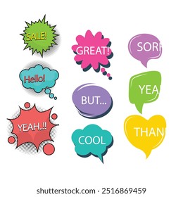 Bright colored speech bubbles with expressions. Abstract doodle speech bubbles with different phrases, text labels and empty thought clouds modern vector icons set. Bright dialogue clouds pack isolate