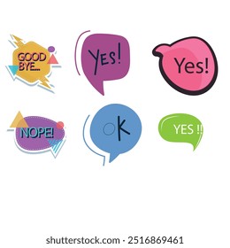 Bright colored speech bubbles with expressions. Abstract doodle speech bubbles with different phrases, text labels and empty thought clouds modern vector icons set. Bright dialogue clouds pack isolate