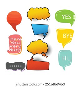 Bright colored speech bubbles with expressions. Abstract doodle speech bubbles with different phrases, text labels and empty thought clouds modern vector icons set. Bright dialogue clouds pack isolate