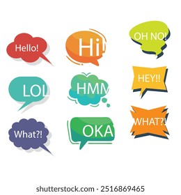 Bright colored speech bubbles with expressions. Abstract doodle speech bubbles with different phrases, text labels and empty thought clouds modern vector icons set. Bright dialogue clouds pack isolate