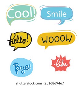 Bright colored speech bubbles with expressions. Abstract doodle speech bubbles with different phrases, text labels and empty thought clouds modern vector icons set. Bright dialogue clouds pack isolate