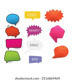 Bright colored speech bubbles with expressions. Abstract doodle speech bubbles with different phrases, text labels and empty thought clouds modern vector icons set. Bright dialogue clouds pack isolate