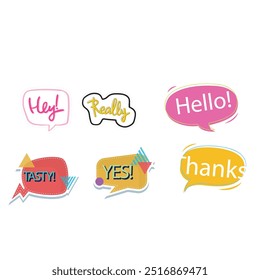 Bright colored speech bubbles with expressions. Abstract doodle speech bubbles with different phrases, text labels and empty thought clouds modern vector icons set. Bright dialogue clouds pack isolate