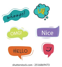 Bright colored speech bubbles with expressions. Abstract doodle speech bubbles with different phrases, text labels and empty thought clouds modern vector icons set. Bright dialogue clouds pack isolate