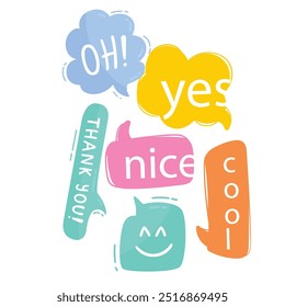 Bright colored speech bubbles with expressions. Abstract doodle speech bubbles with different phrases, text labels and empty thought clouds modern vector icons set. Bright dialogue clouds pack isolate