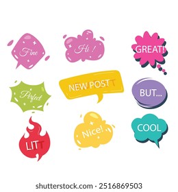 Bright colored speech bubbles with expressions. Abstract doodle speech bubbles with different phrases, text labels and empty thought clouds modern vector icons set. Bright dialogue clouds pack isolate