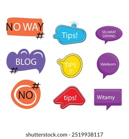 Bright colored speech bubbles with expressions. Abstract doodle speech bubbles with different phrases, text labels and empty thought clouds modern vector icons set. Bright dialogue clouds pack isolate