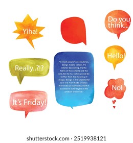 Bright colored speech bubbles with expressions. Abstract doodle speech bubbles with different phrases, text labels and empty thought clouds modern vector icons set. Bright dialogue clouds pack isolate