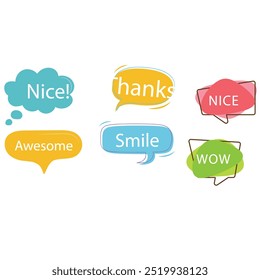 Bright colored speech bubbles with expressions. Abstract doodle speech bubbles with different phrases, text labels and empty thought clouds modern vector icons set. Bright dialogue clouds pack isolate