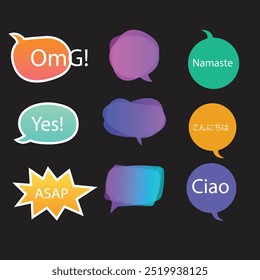 Bright colored speech bubbles with expressions. Abstract doodle speech bubbles with different phrases, text labels and empty thought clouds modern vector icons set. Bright dialogue clouds pack isolate