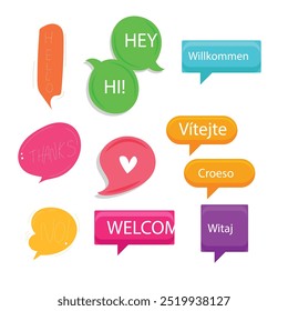 Bright colored speech bubbles with expressions. Abstract doodle speech bubbles with different phrases, text labels and empty thought clouds modern vector icons set. Bright dialogue clouds pack isolate