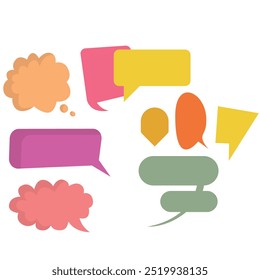 Bright colored speech bubbles with expressions. Abstract doodle speech bubbles with different phrases, text labels and empty thought clouds modern vector icons set. Bright dialogue clouds pack isolate