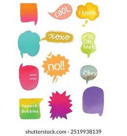 Bright colored speech bubbles with expressions. Abstract doodle speech bubbles with different phrases, text labels and empty thought clouds modern vector icons set. Bright dialogue clouds pack isolate