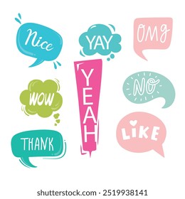 Bright colored speech bubbles with expressions. Abstract doodle speech bubbles with different phrases, text labels and empty thought clouds modern vector icons set. Bright dialogue clouds pack isolate