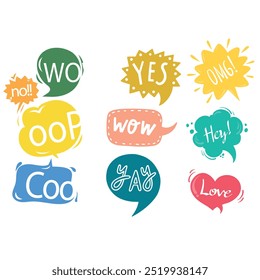 Bright colored speech bubbles with expressions. Abstract doodle speech bubbles with different phrases, text labels and empty thought clouds modern vector icons set. Bright dialogue clouds pack isolate