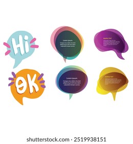 Bright colored speech bubbles with expressions. Abstract doodle speech bubbles with different phrases, text labels and empty thought clouds modern vector icons set. Bright dialogue clouds pack isolate