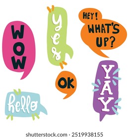 Bright colored speech bubbles with expressions. Abstract doodle speech bubbles with different phrases, text labels and empty thought clouds modern vector icons set. Bright dialogue clouds pack isolate