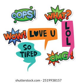 Bright colored speech bubbles with expressions. Abstract doodle speech bubbles with different phrases, text labels and empty thought clouds modern vector icons set. Bright dialogue clouds pack isolate