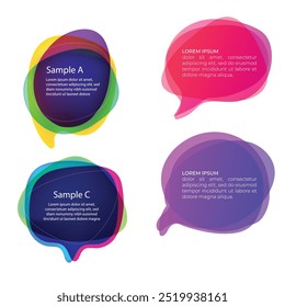 Bright colored speech bubbles with expressions. Abstract doodle speech bubbles with different phrases, text labels and empty thought clouds modern vector icons set. Bright dialogue clouds pack isolate